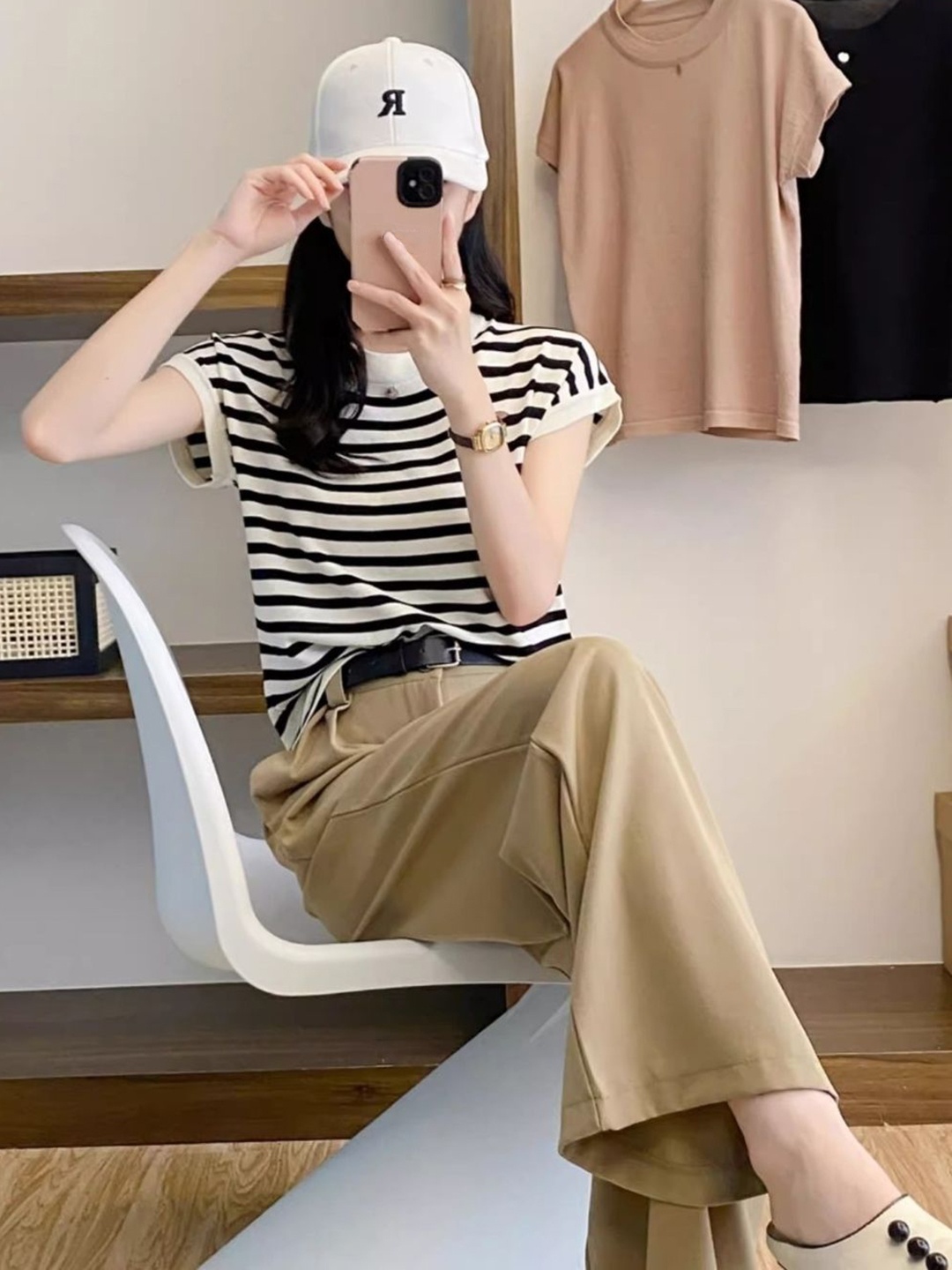 

HERE&NOW Women Striped Round Neck Short Sleeves Top, White