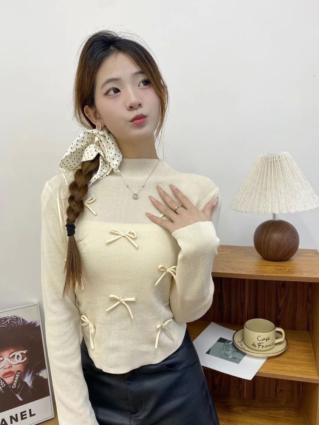 

KPOP High Neck Long Sleeves Top, Beige