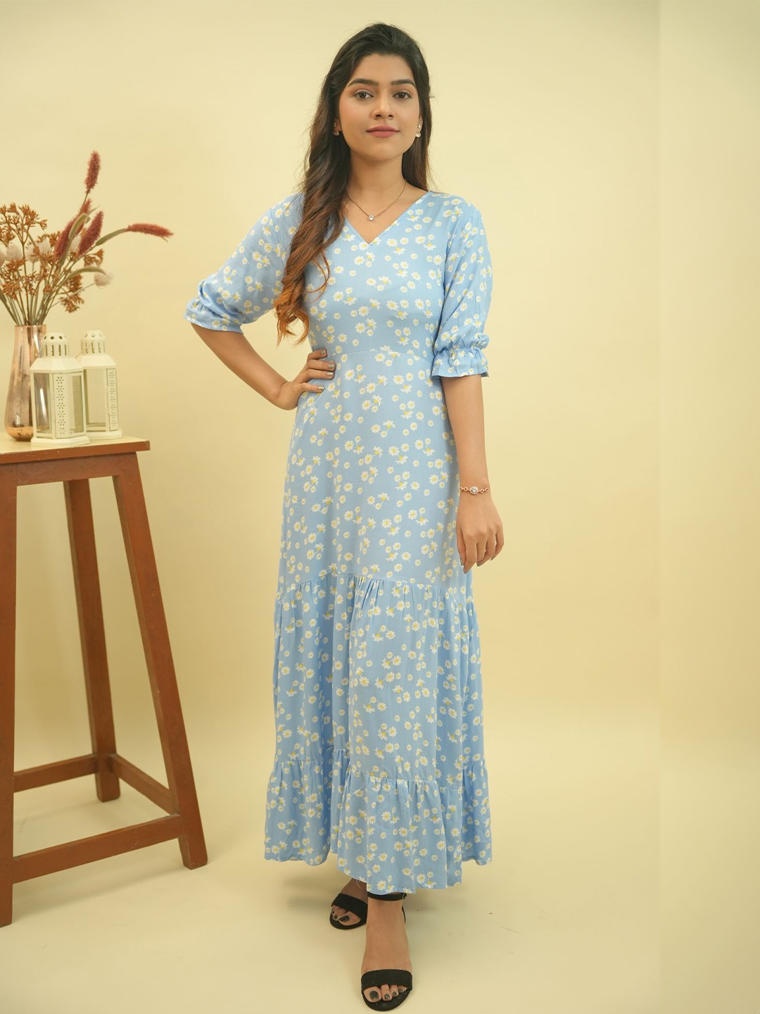 

GO BOUJEE Women Floral Printed Puff Slevees Maxi Dress, Blue