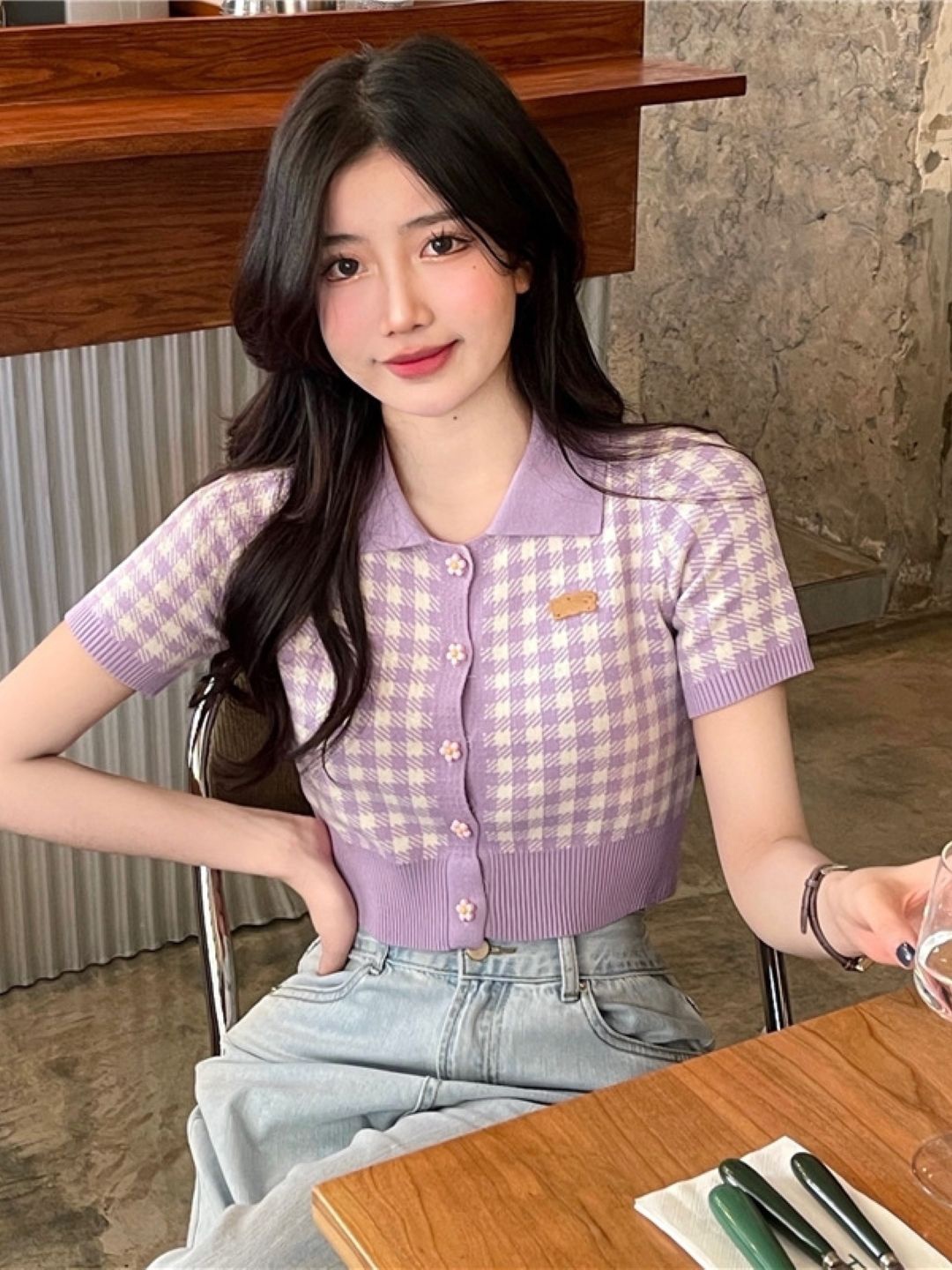 

HERE&NOW Women Checked Regular Crop Top, Purple