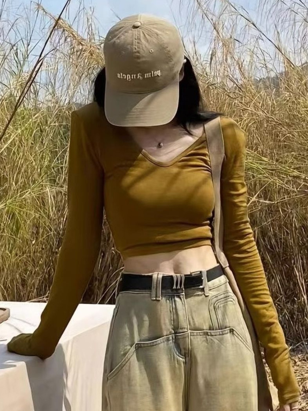 

StyleCast Women V-Neck Extended Sleeves Crop Top, Khaki