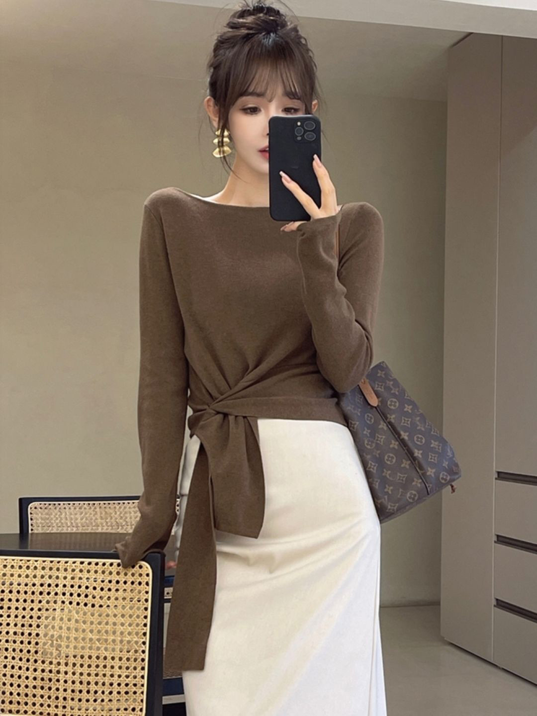 

HERE&NOW Women Boat Neck Long Sleeves Solid Top, Brown