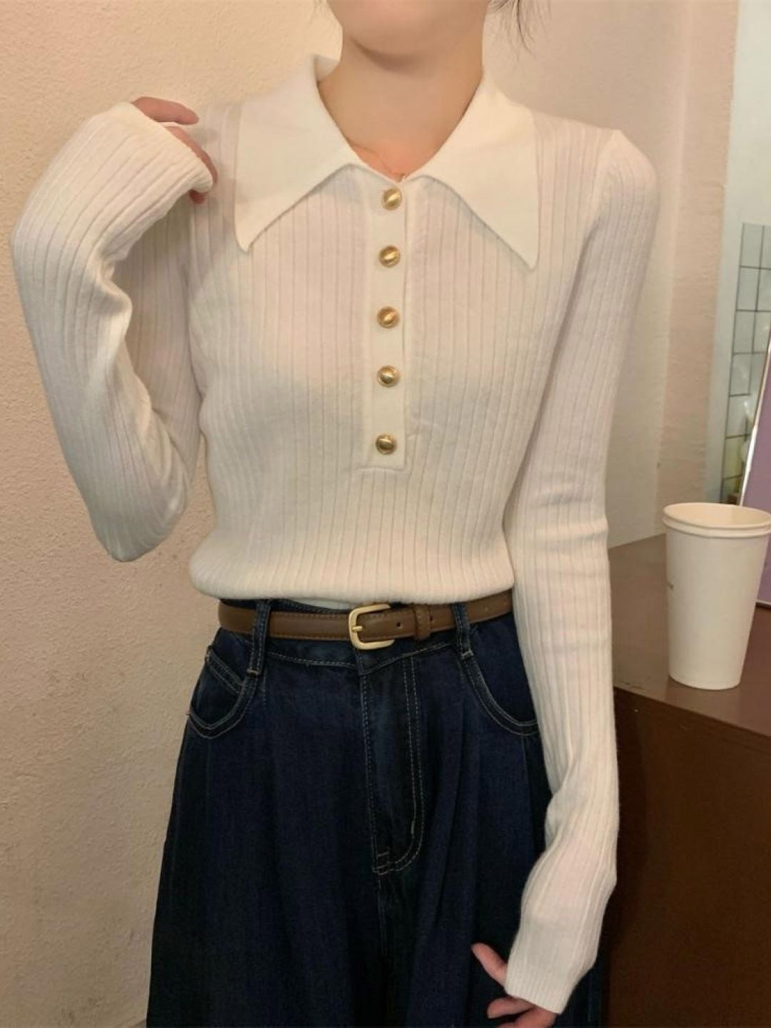 

HERE&NOW Shirt Collar Long Sleeves Extended Sleeves Regular Top, White