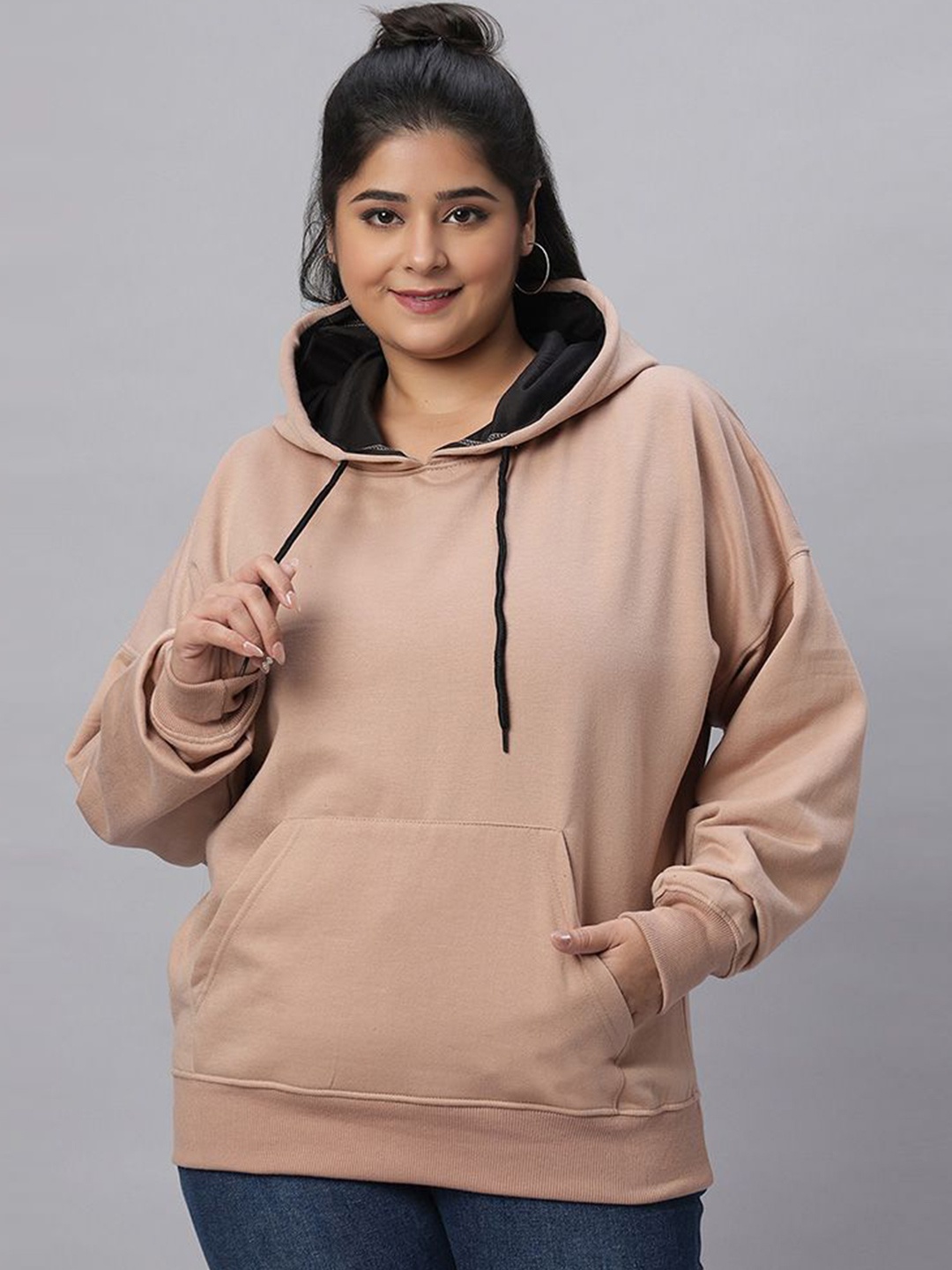 

Wear Your Opinion Women Plus Size Drop Shoulder Kangaroo Pocket Hooded Sweatshirt, Beige