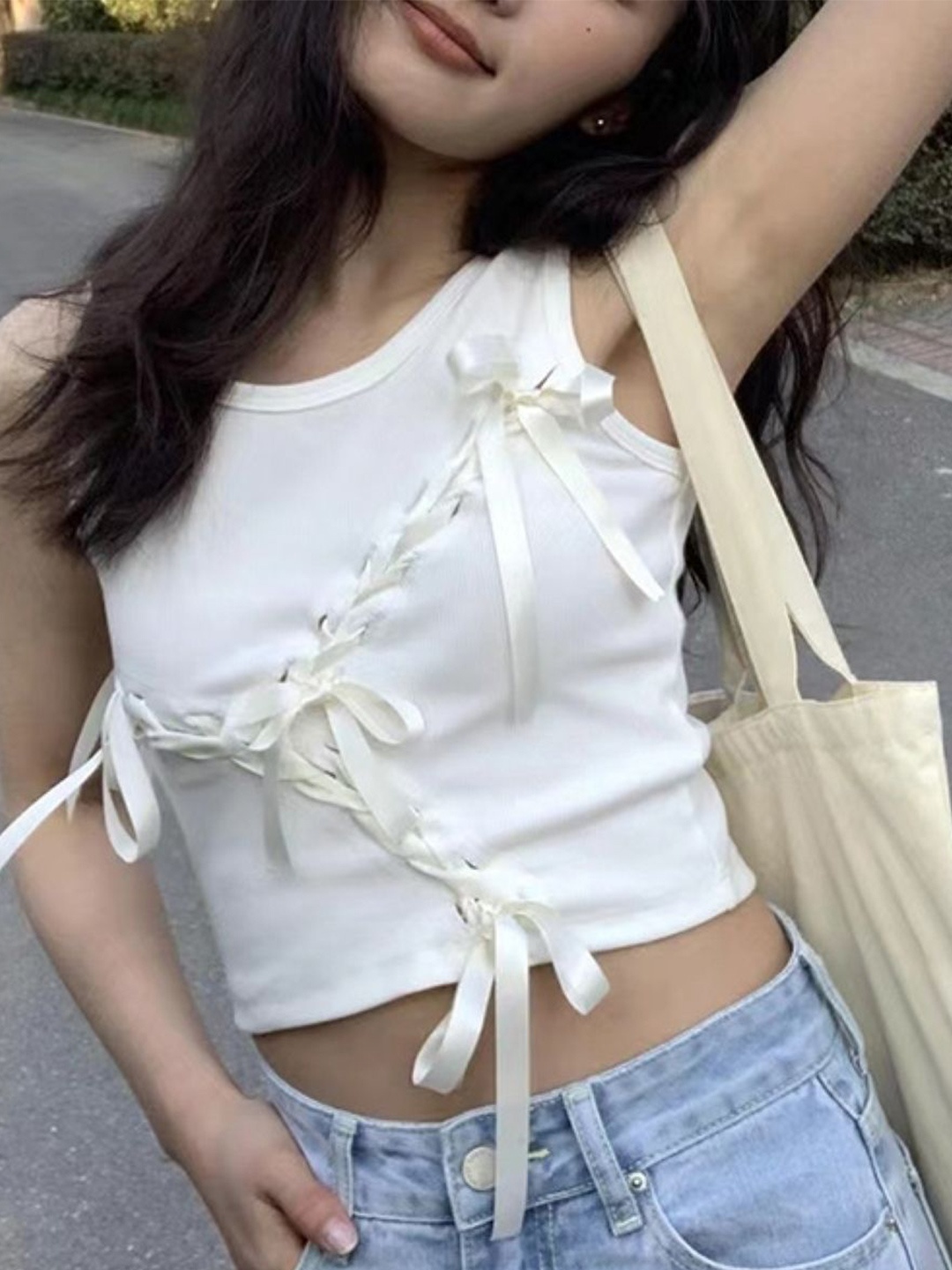 

KPOP Women Round Neck Crop Top With Tie-Up Details, White