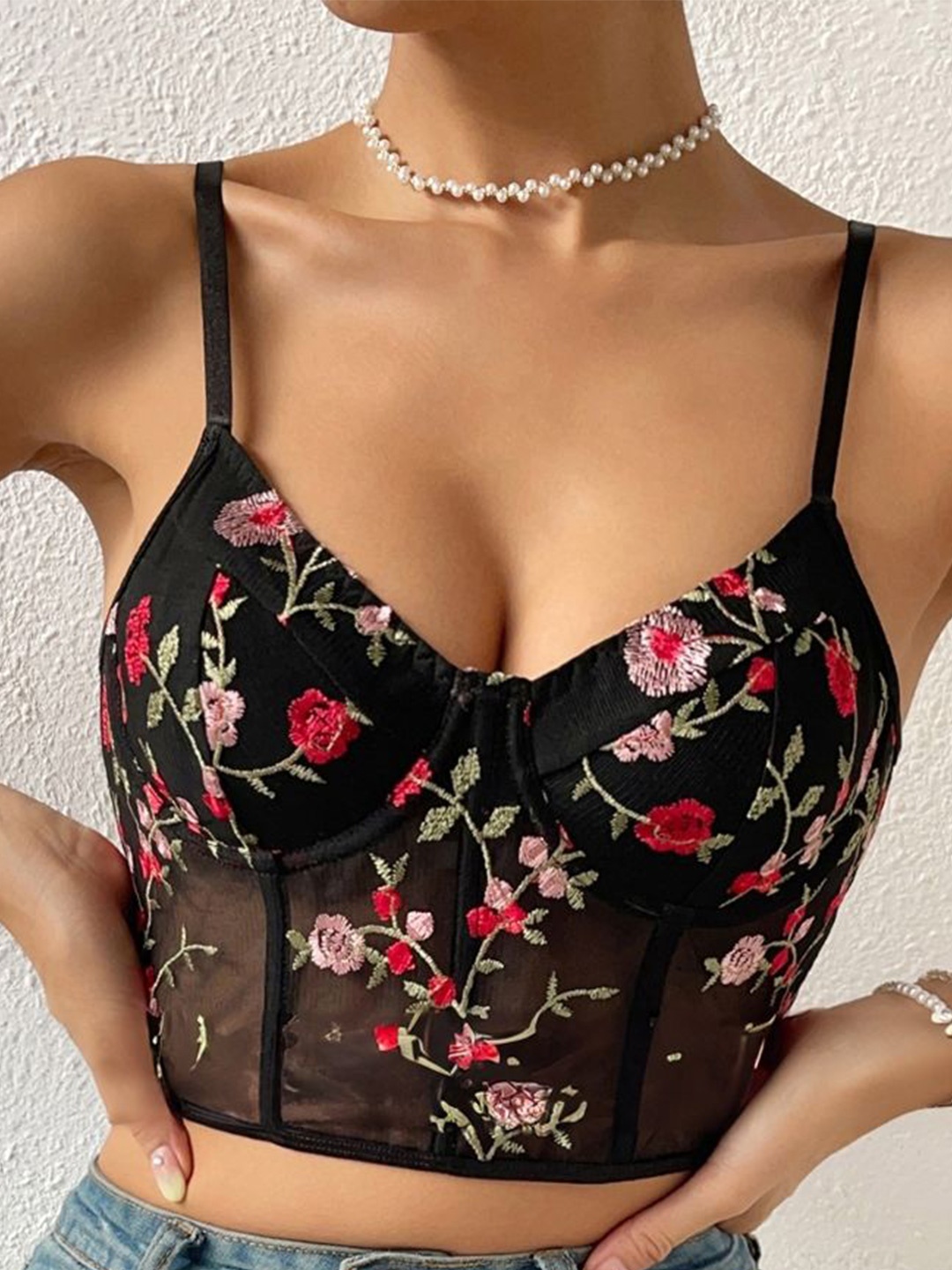 

HERE&NOW Women Floral Printed Bralette Crop Top, Black