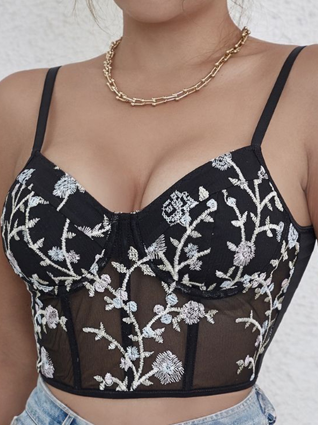 

HERE&NOW Women Floral Printed Bralette Crop Cami Top, Black