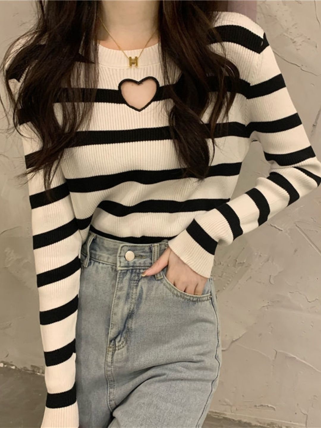 

HERE&NOW Women Striped Round Neck Extended Sleeves Top, Beige