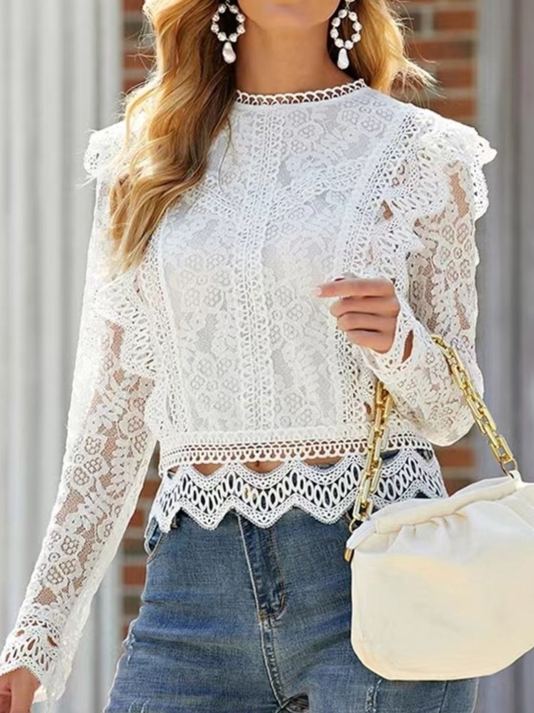 

StyleCast Women Round Neck Long Sleeves Lace Details Top, White