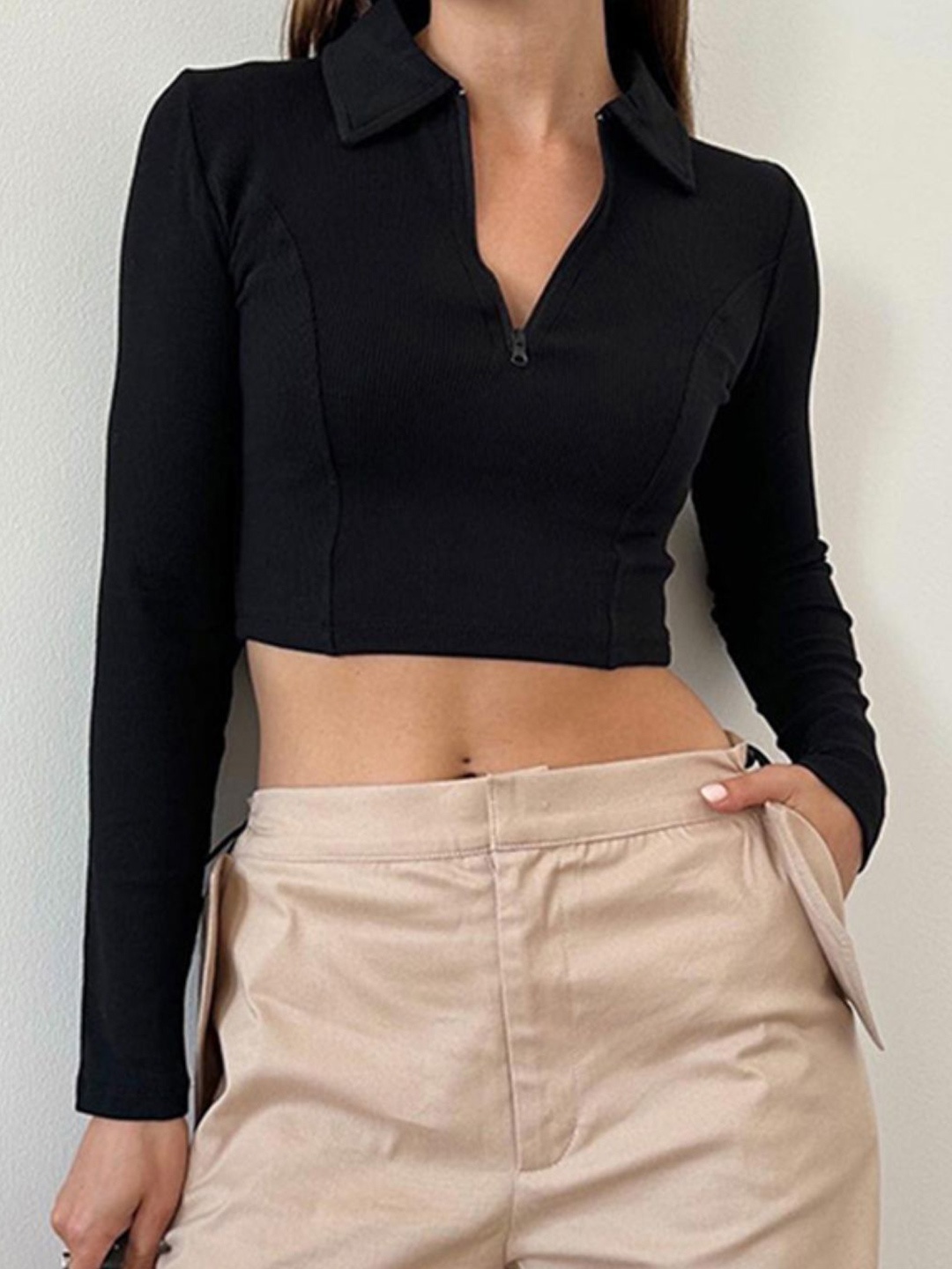 

KPOP Women Shirt Collar Long Sleeves Crop Top, Black