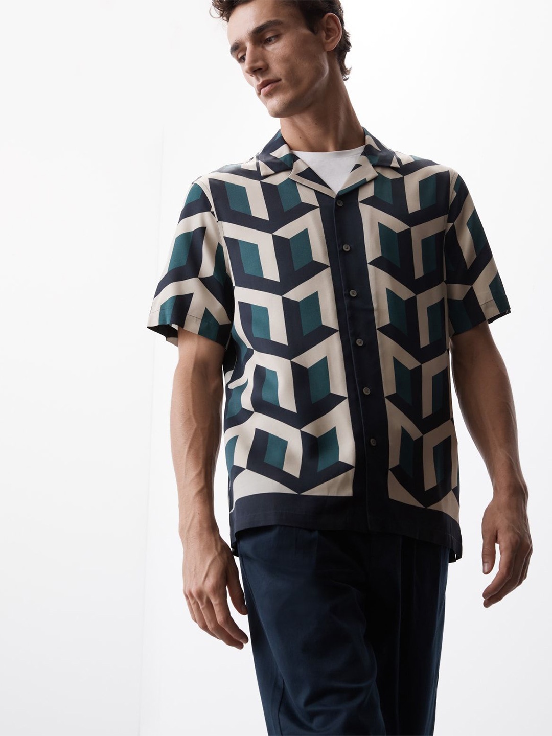 

Marks & Spencer Men Cuban Collar Geometric Printed Casual Shirt, Beige
