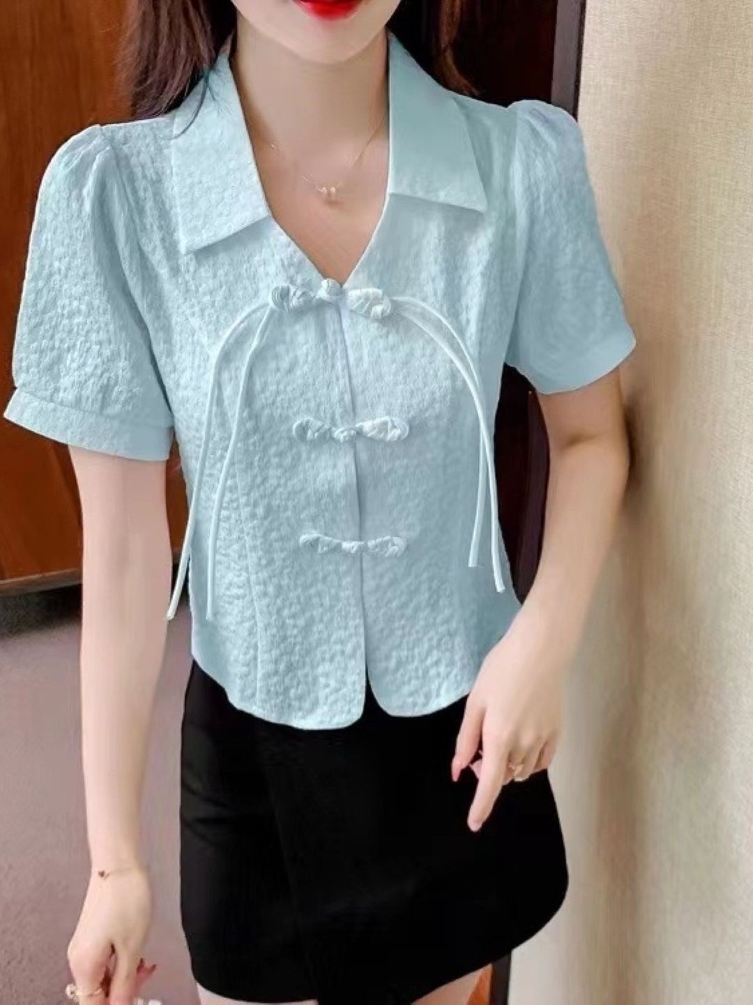 

KPOP Women Shirt Collar Short Sleeves Shirt Style Top, Blue