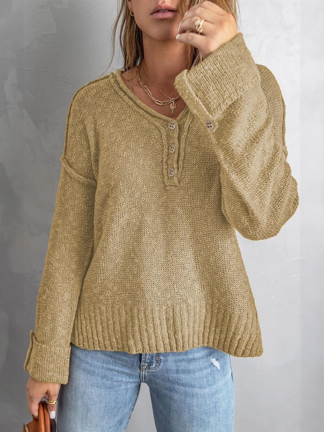 

StyleCast Women V-Neck Long Sleeves Top, Khaki