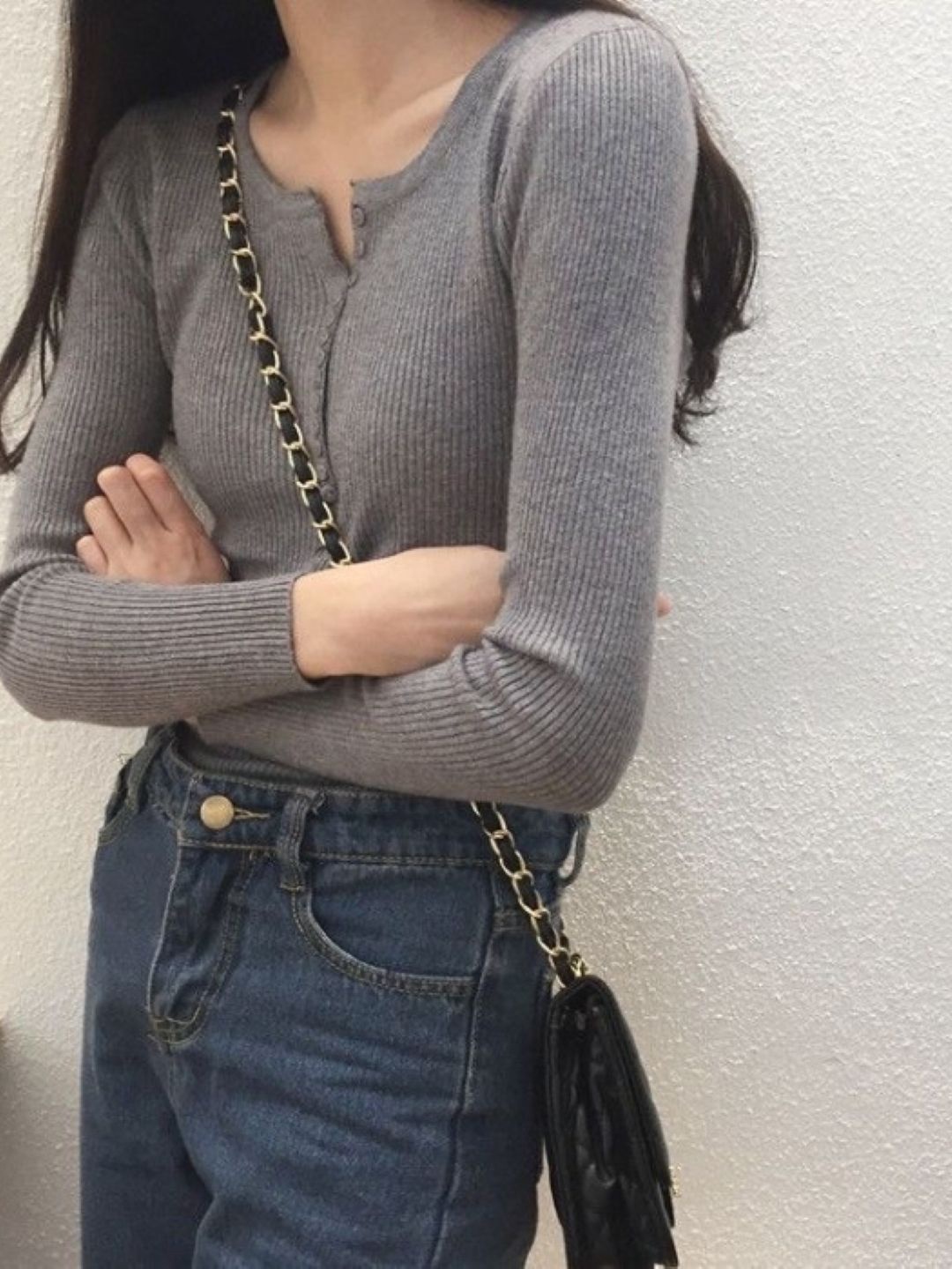 

HERE&NOW Women Round Neck Long Sleeves Solid Top, Grey
