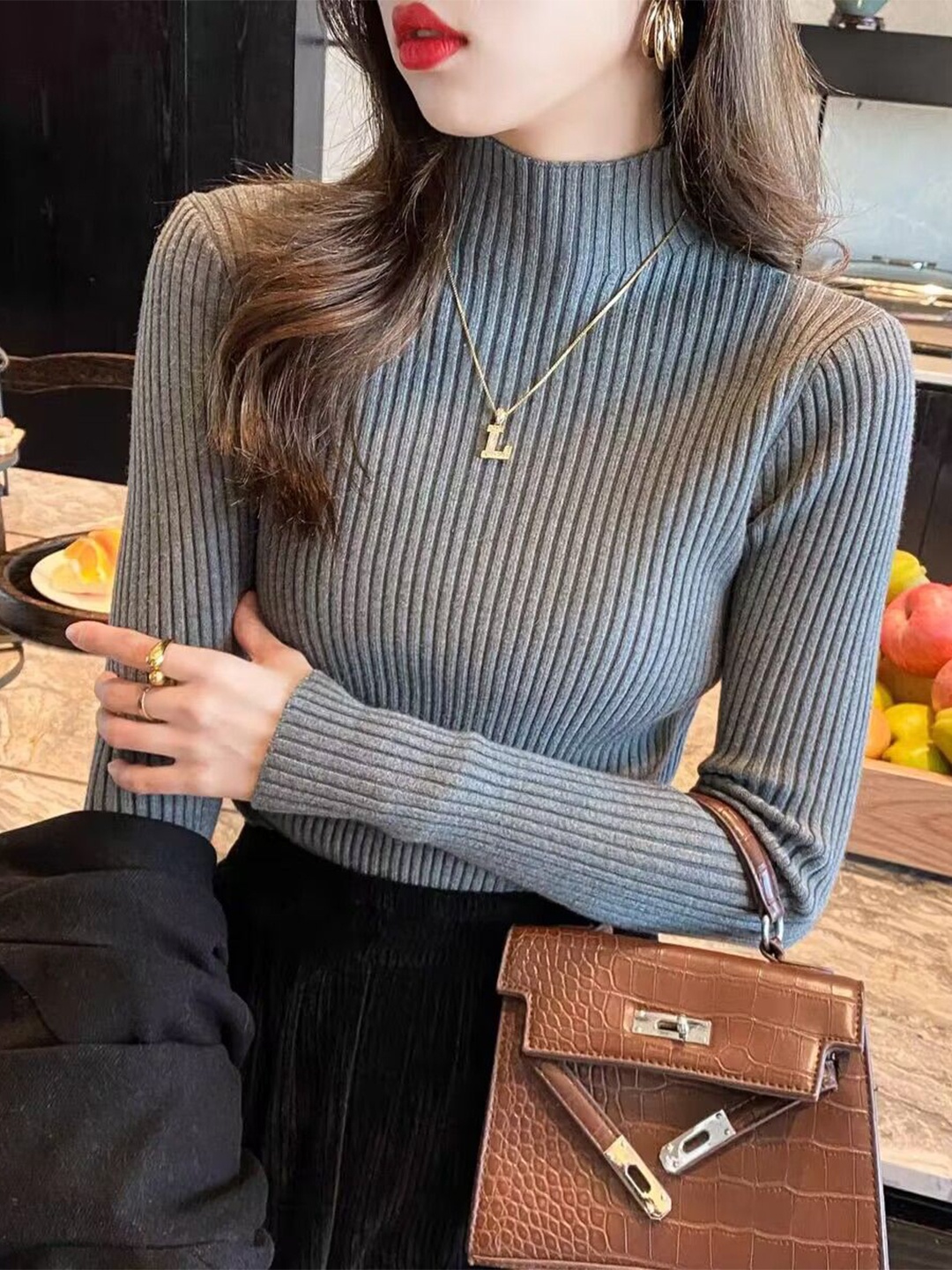 

StyleCast Women Striped High Neck Shirt Style Top, Grey