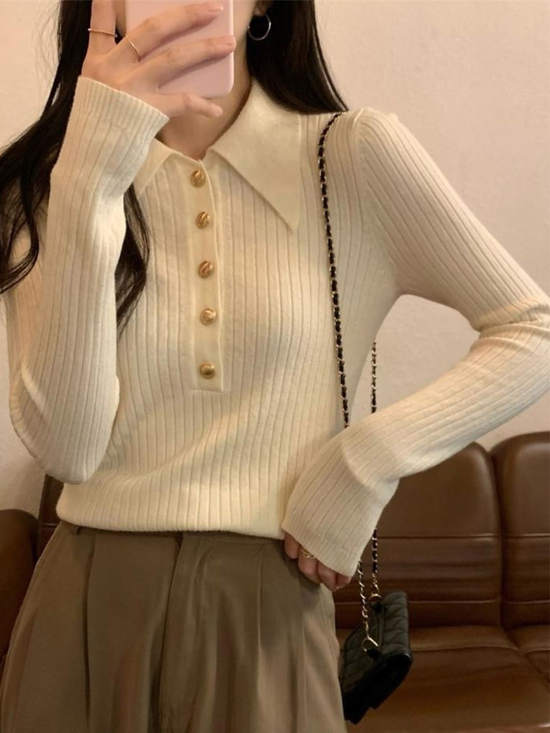 

HERE&NOW Women Shirt Collar Self Design Long Sleeves Top, Khaki