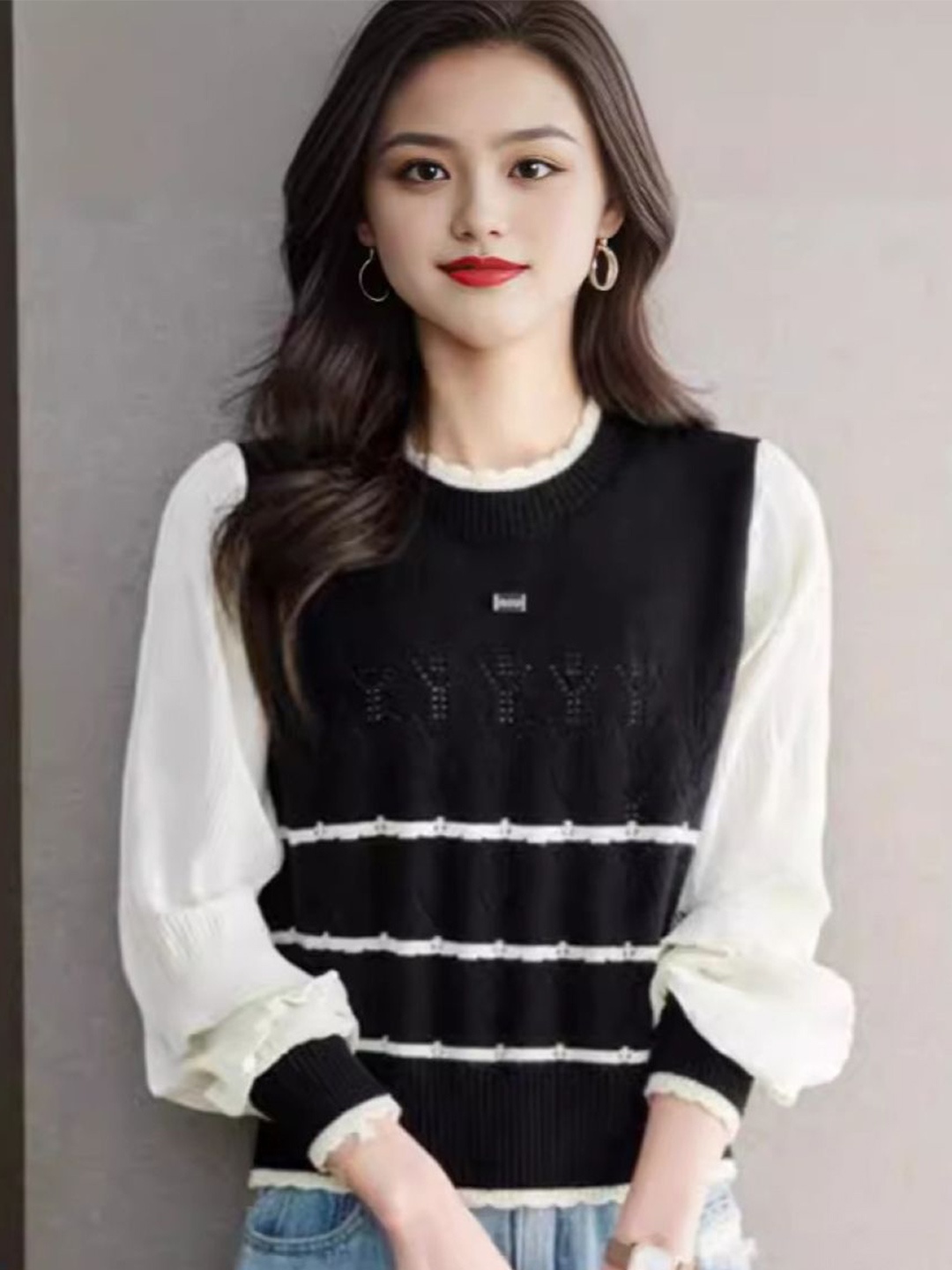 

HERE&NOW Women Striped Round Neck Top, Black