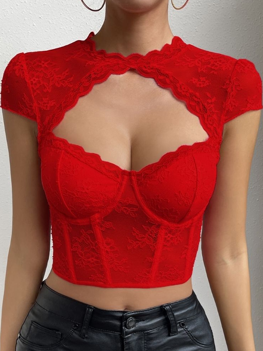 

HERE&NOW Women Round Neck Corset Crop Top, Red