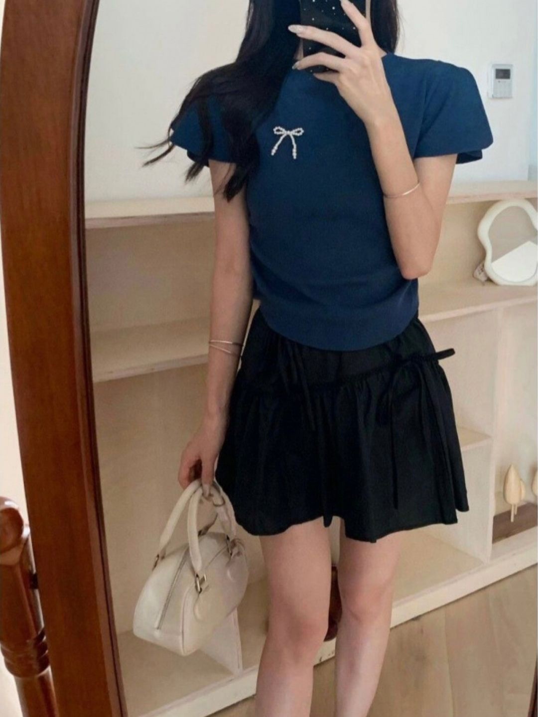 

KPOP Boat Neck Short Sleeves Flared Sleeves Regular Top, Navy blue