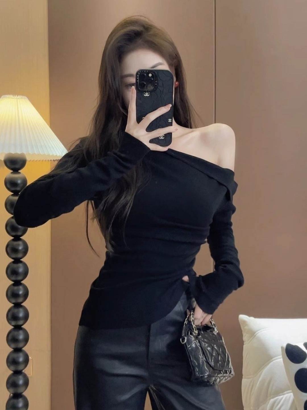 

HERE&NOW Women One Shoulder Extended Sleeves Top, Black