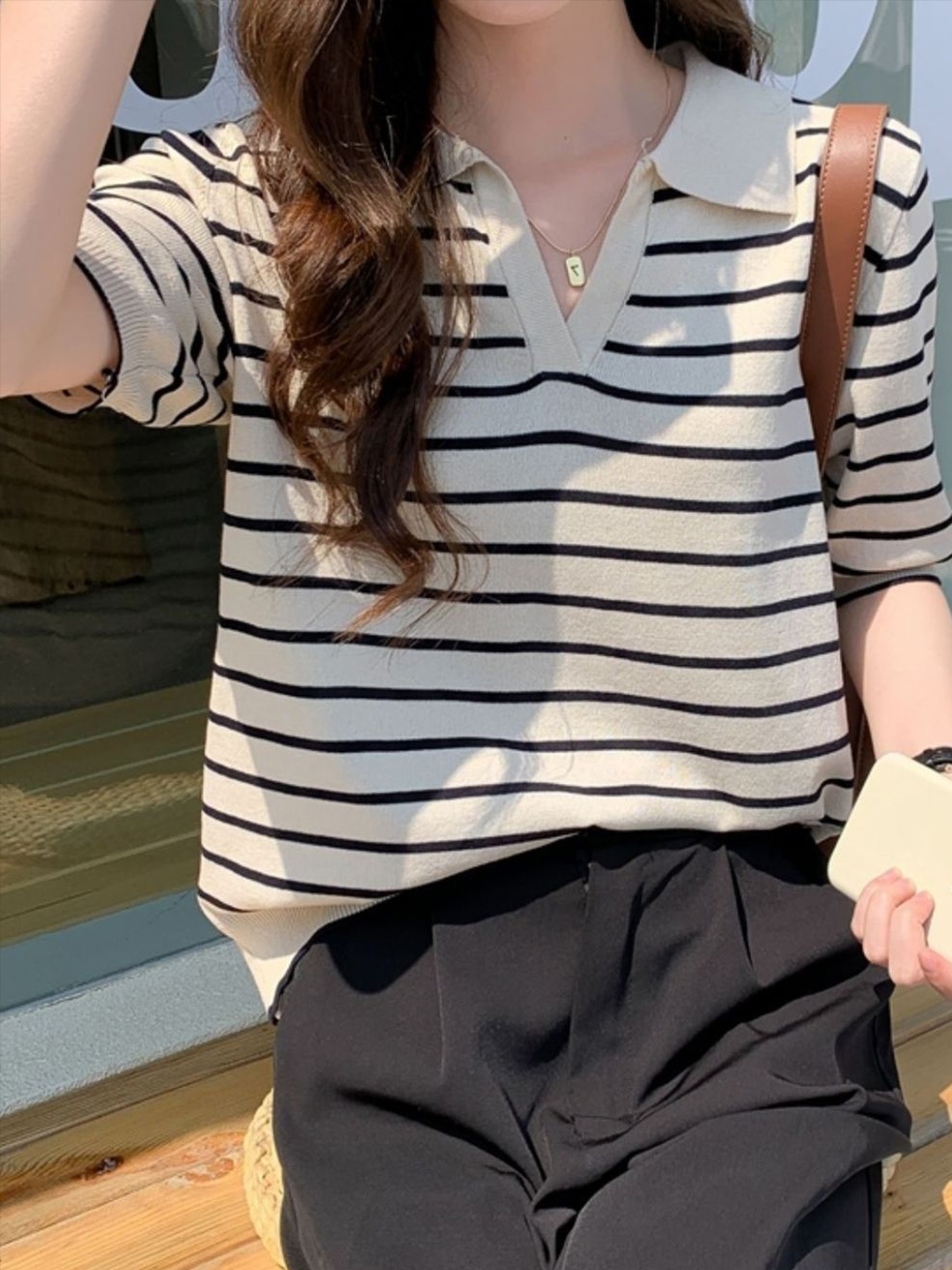

HERE&NOW Women Striped Shirt Collar Short Sleeves Top, White