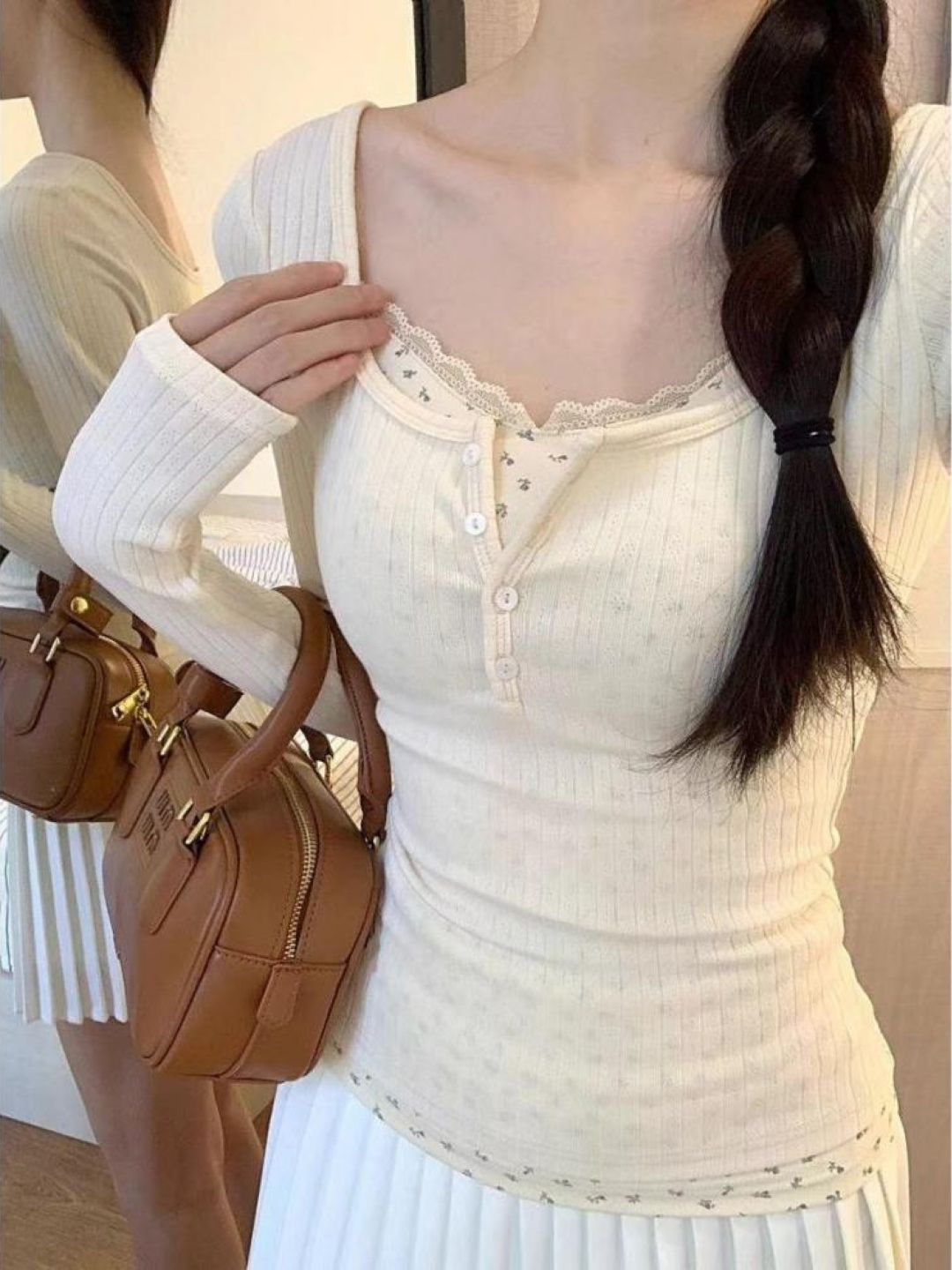 

HERE&NOW Women Round Neck Extended Sleeves Lace Inserts Detailed Top, Cream