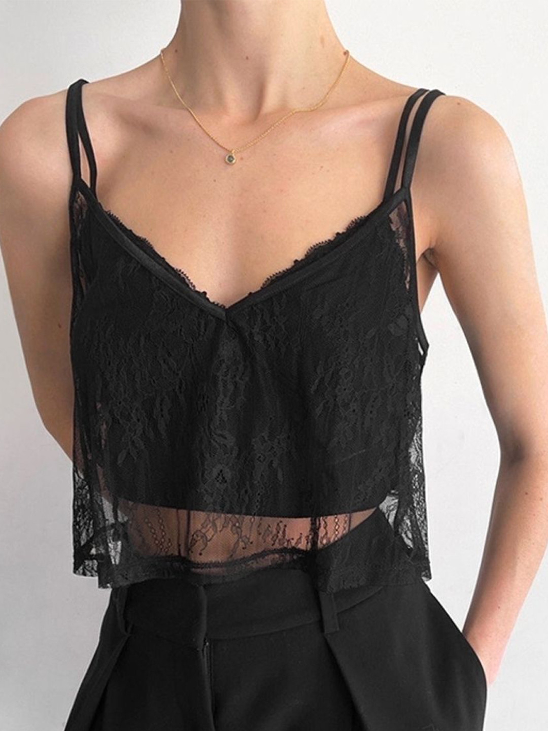 

StyleCast Women Self Design Shoulder Straps Crop Top, Black