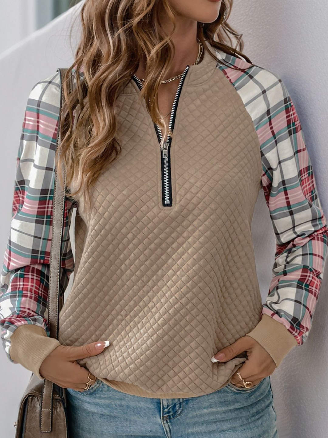 

StyleCast Women Checked Mandarin Collar Long Sleeves Pullover Sweatshirt, Beige