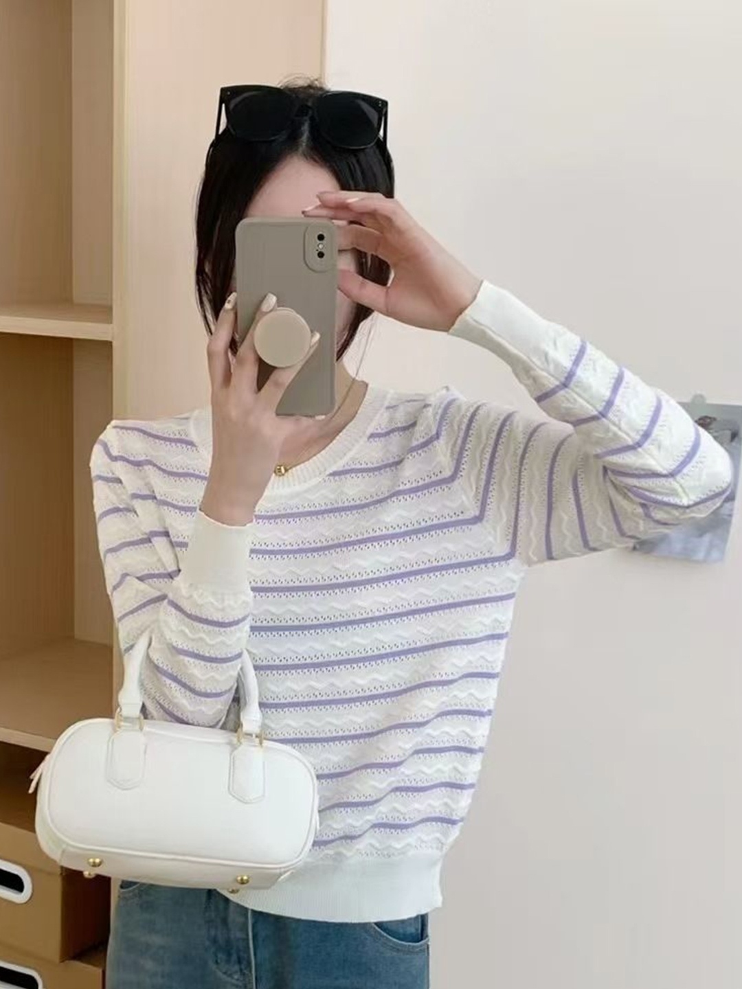 

KPOP Women Striped Round Neck Top, Purple
