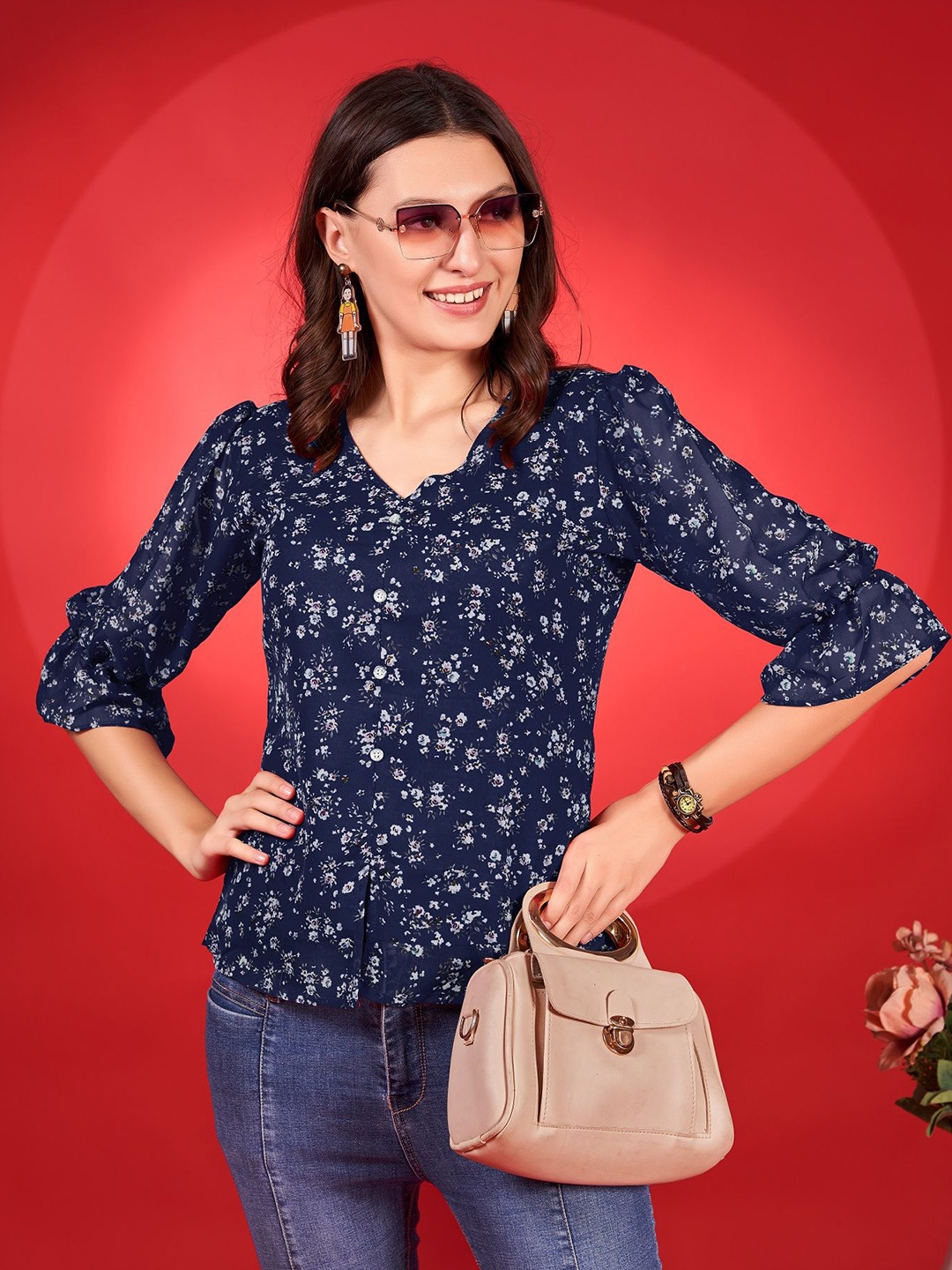 

Fashion2wear Women Floral Printed Puff Sleeve Wrap Top, Navy blue