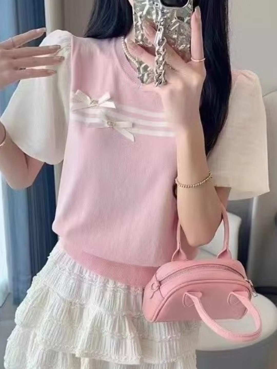 

KPOP Women Striped Cotton Top, Pink