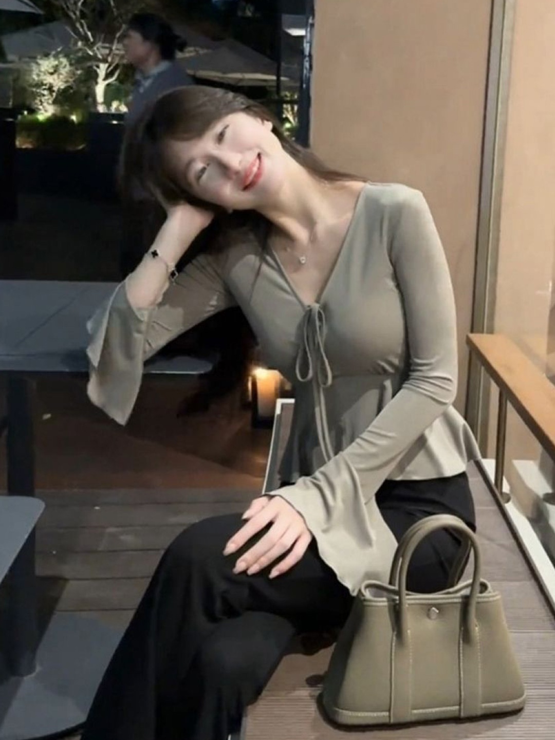 

HERE&NOW Women Bell Sleeve Crop Top, Grey