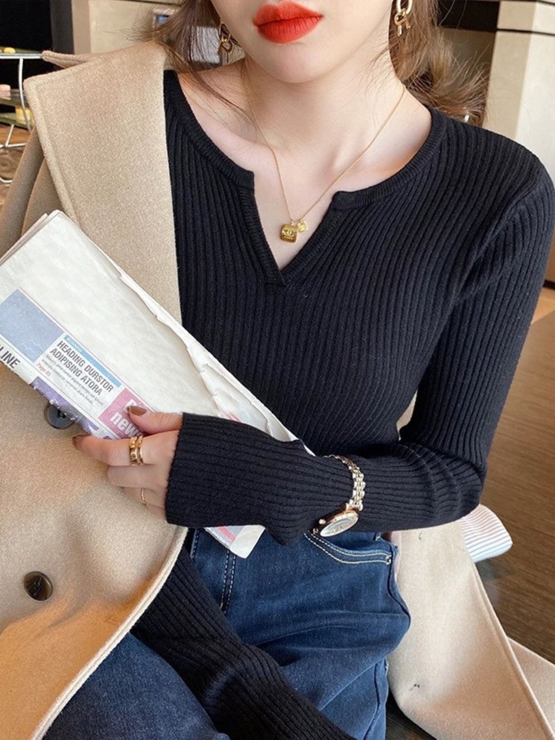 

HERE&NOW Women Round Neck Extended Sleeves Top, Black