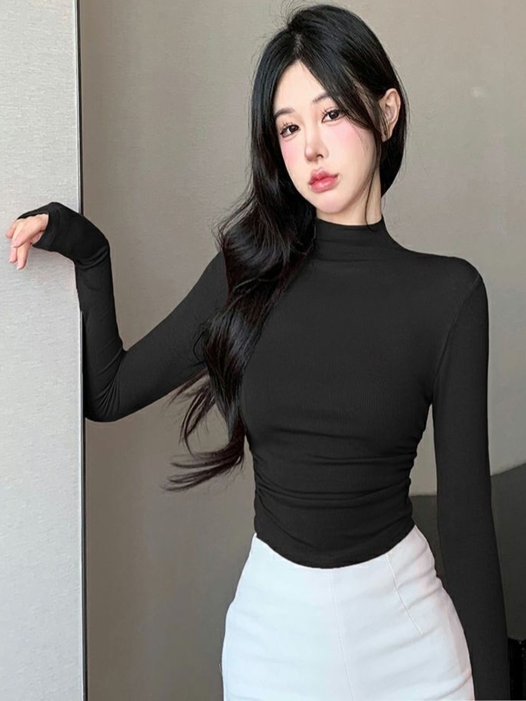 

HERE&NOW High Neck Long Sleeves Crop Top, Black