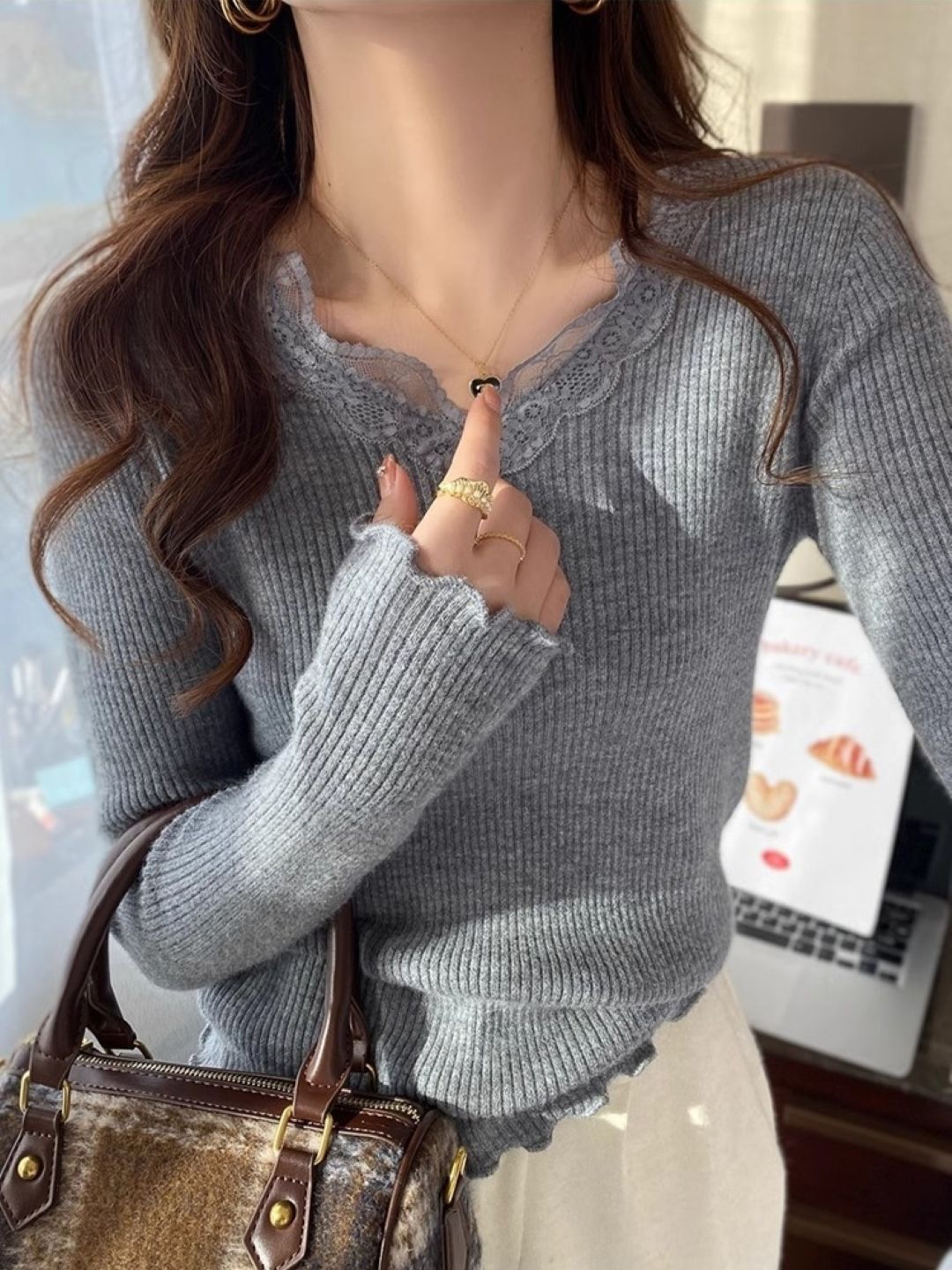 

KPOP Women Cotton Long Sleeves Top, Grey
