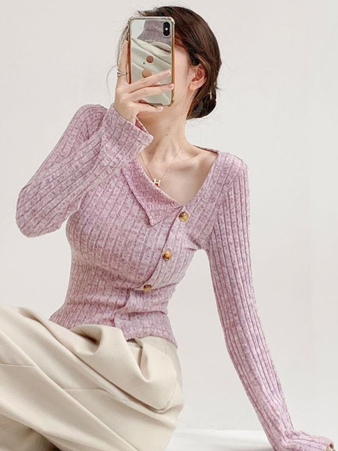 

HERE&NOW Women V-Neck Long Sleeves Solid Polyester Top, Purple