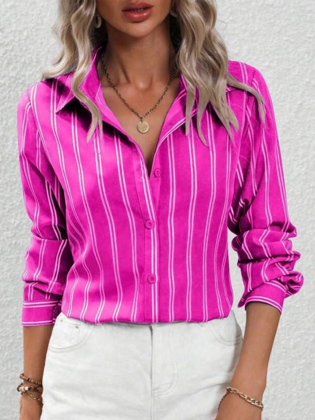 

StyleCast Women Striped Shirt Collar Long Sleeves Shirt Style Top, Pink