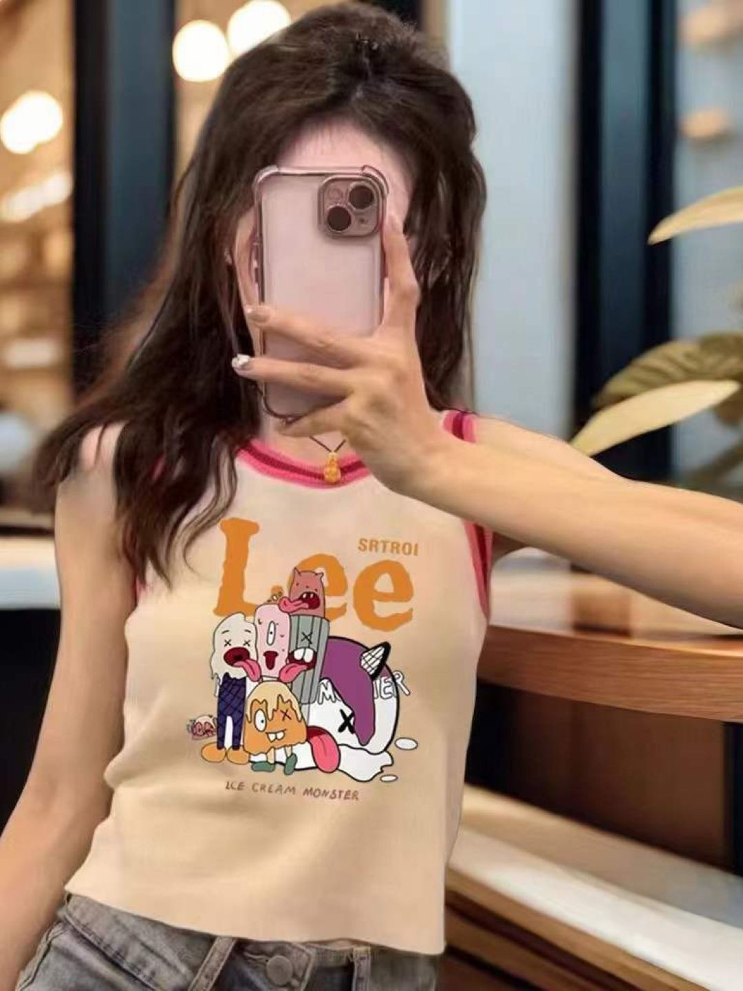 

KPOP Women Print Round Neck Sleeveless Crop Top, Cream