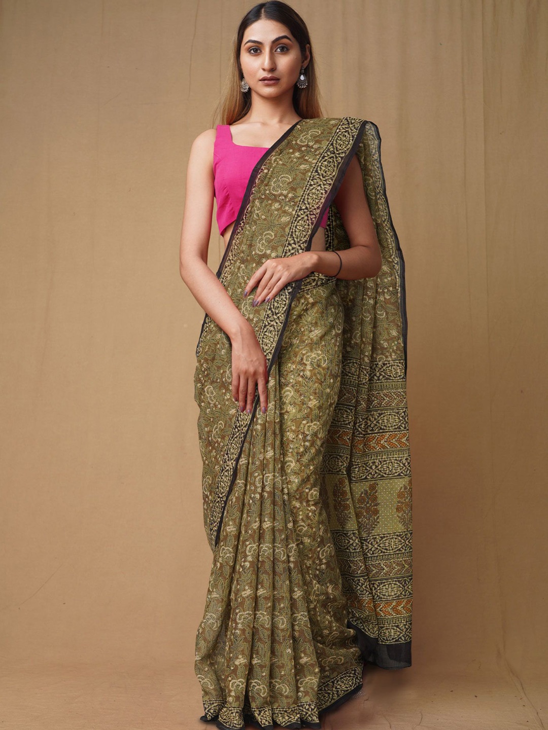 

Unnati Silks Floral Printed Pure Cotton Kota Saree, Green