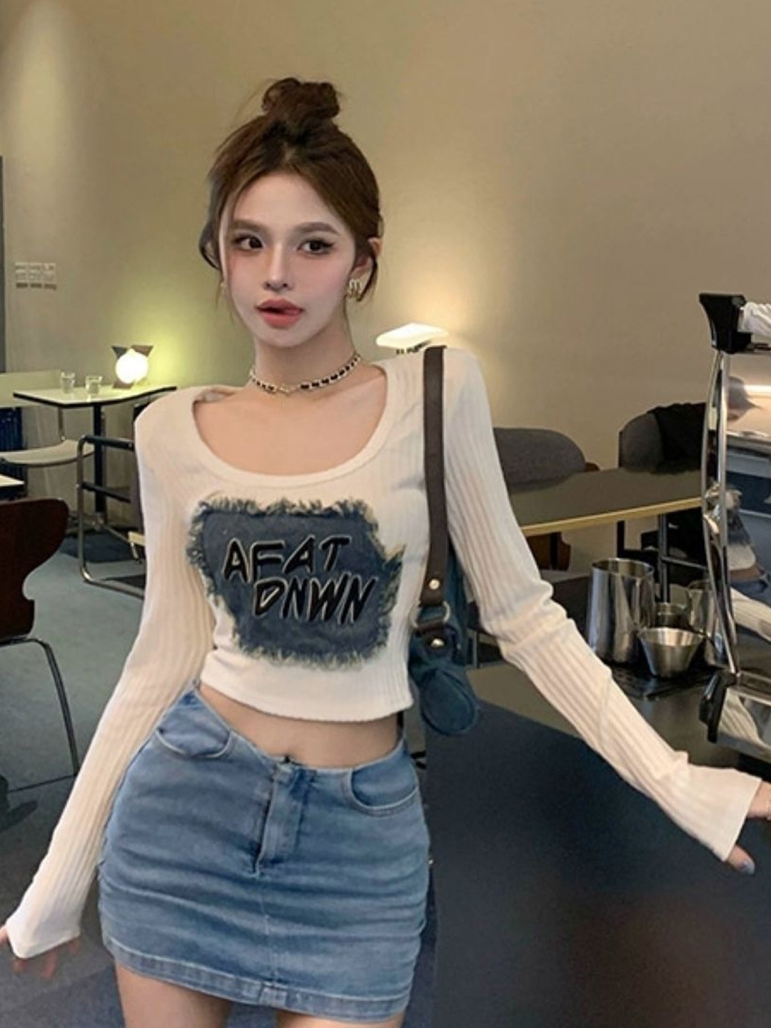 

HERE&NOW Graphic Printed Crop Top, Cream