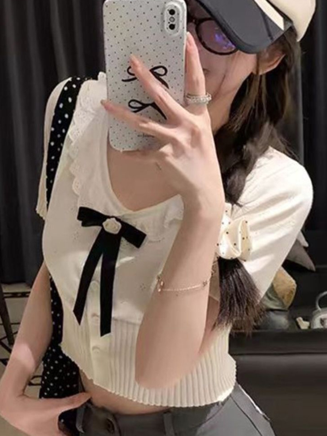 

KPOP Women V-Neck Short Sleeves Self Design Casual Top, Cream