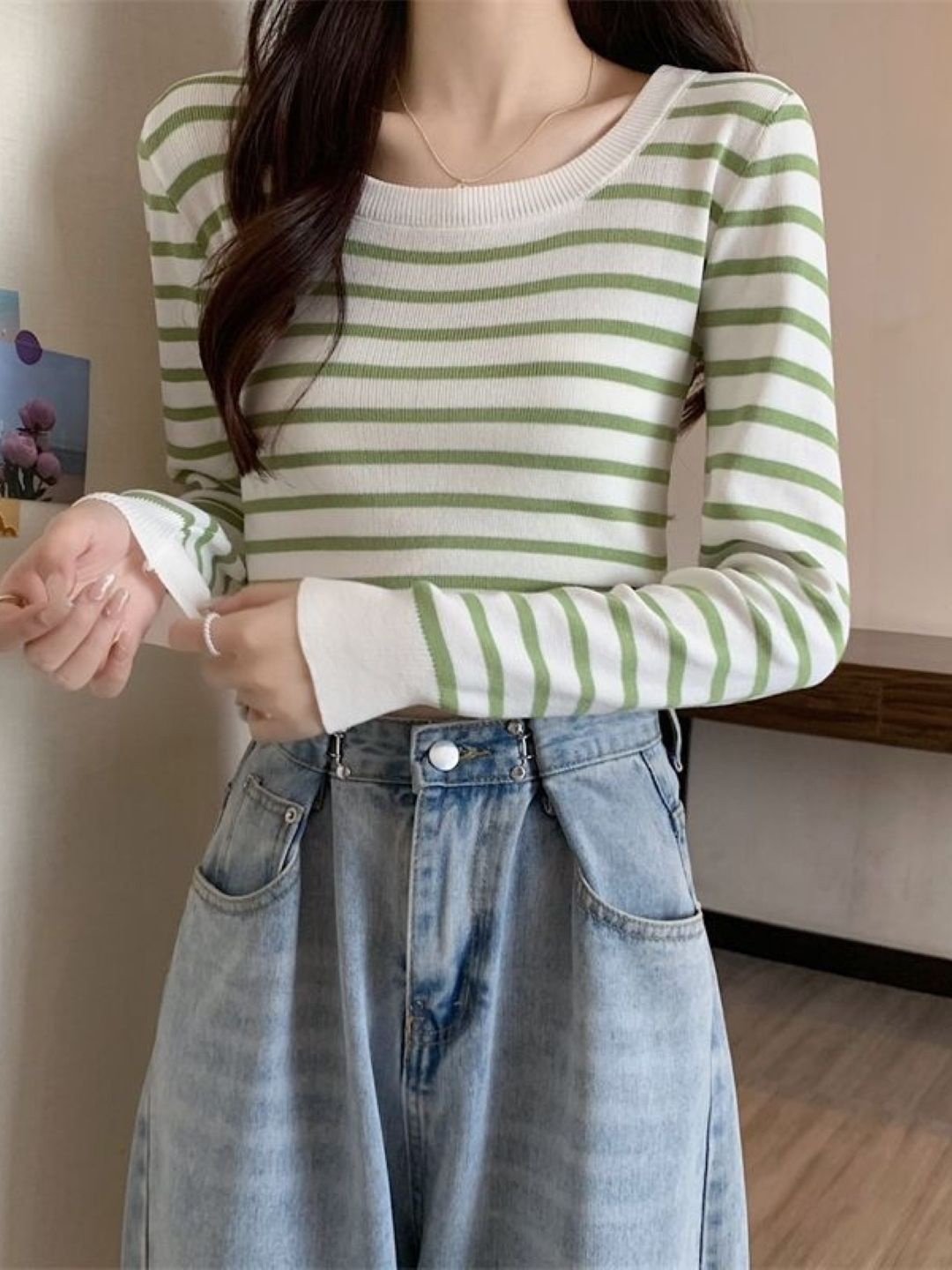 

HERE&NOW Women Striped Cotton Round Neck Long Sleeves Top, White