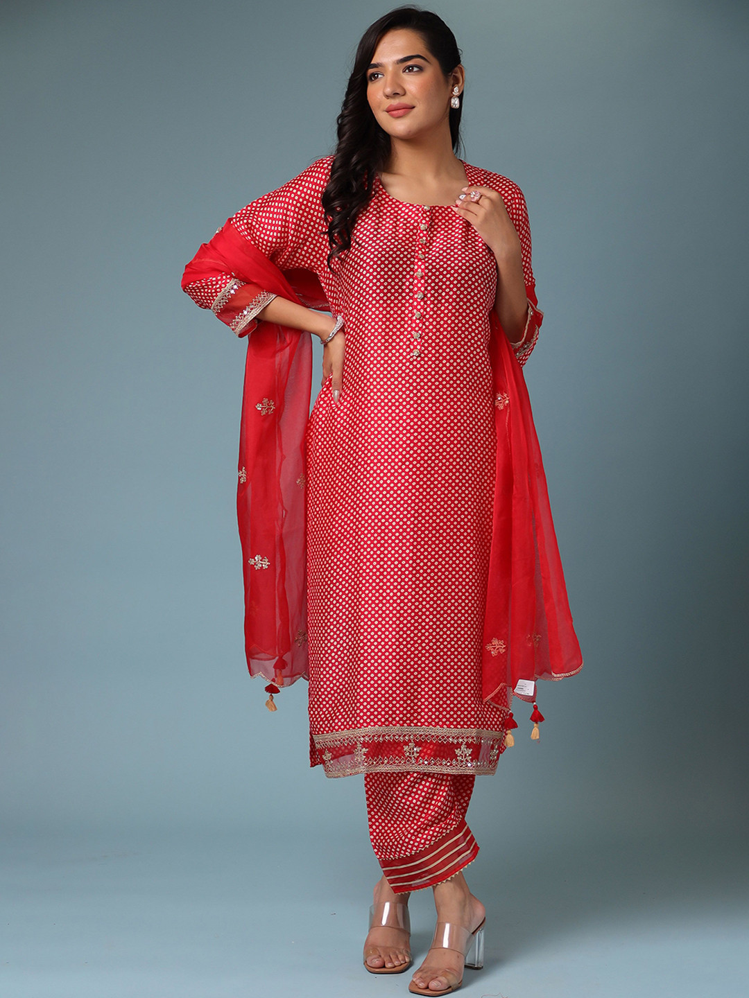 

ZARI Bandhani Printed Thread Work Kurta with Trouser & Dupatta, Red