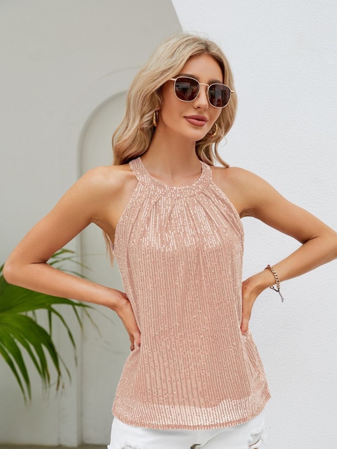 

StyleCast Women Embellished Sequined Halter Neck Top, Pink