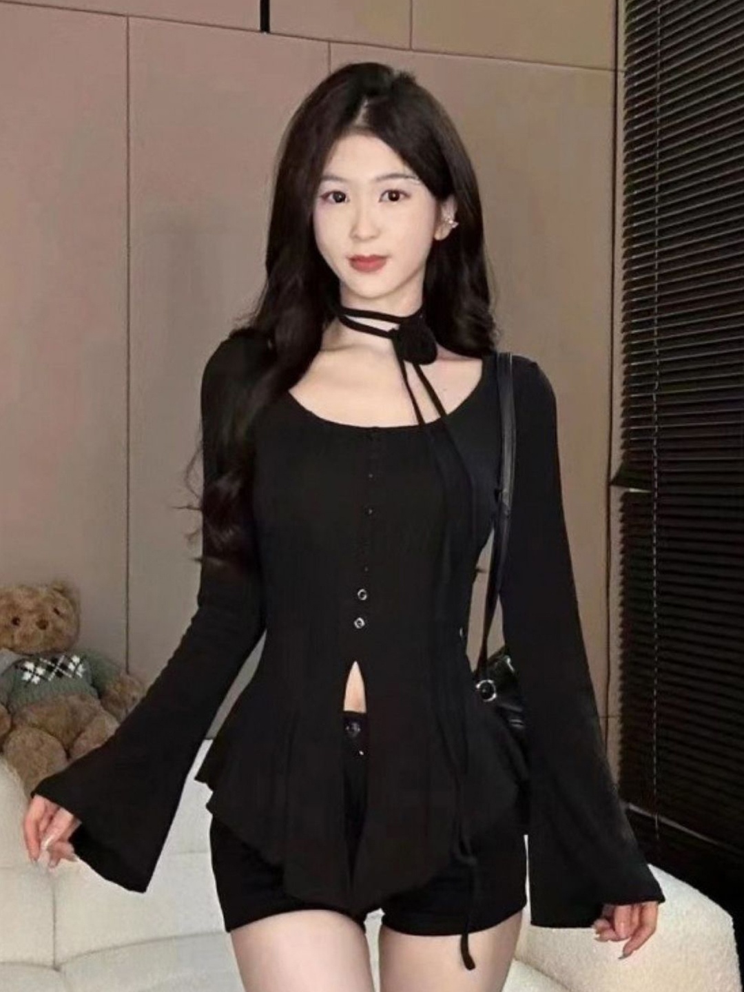 

HERE&NOW Women Bell Sleeve Round Neck Top, Black