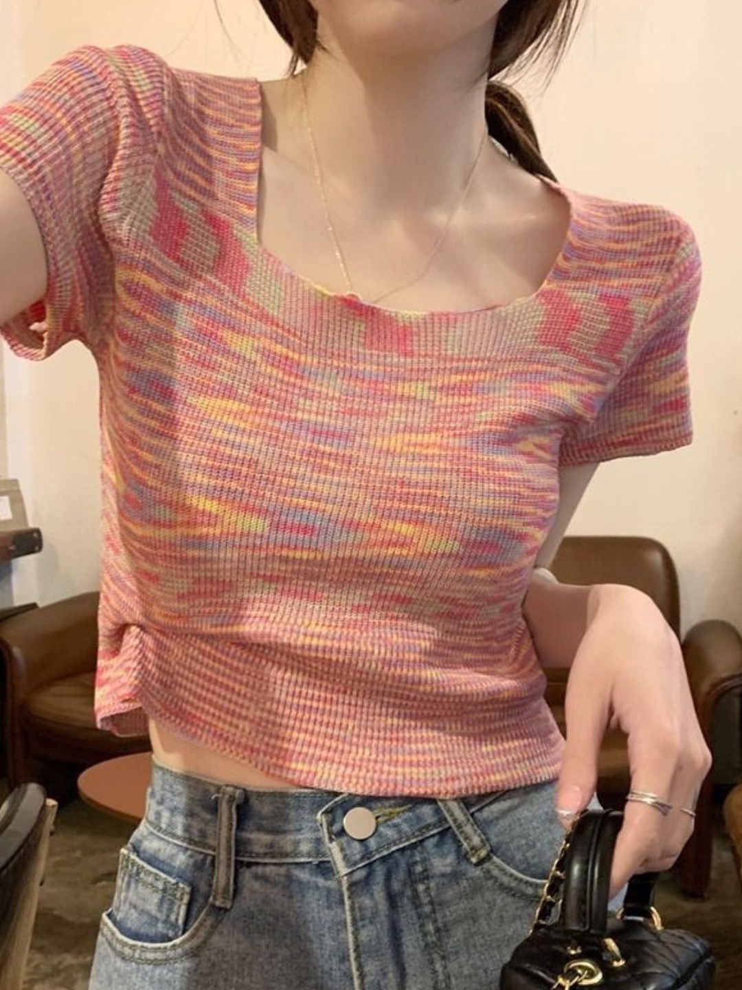 

HERE&NOW Women Print Round Neck Short Sleeves Top, Pink