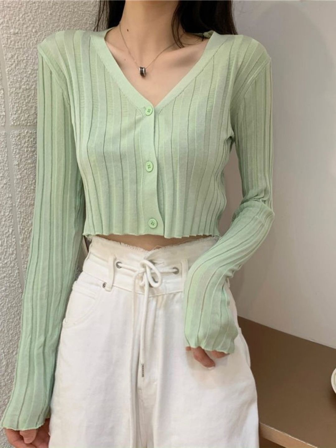 

HERE&NOW Women V - Neck Extended Sleeves Crop Top, Green