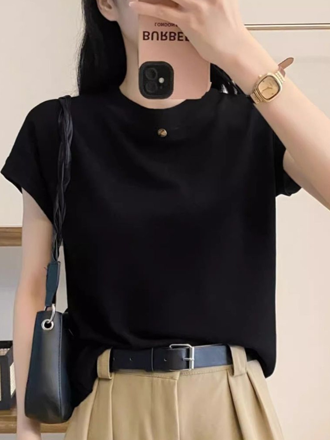 

HERE&NOW Women Round Neck Top, Black