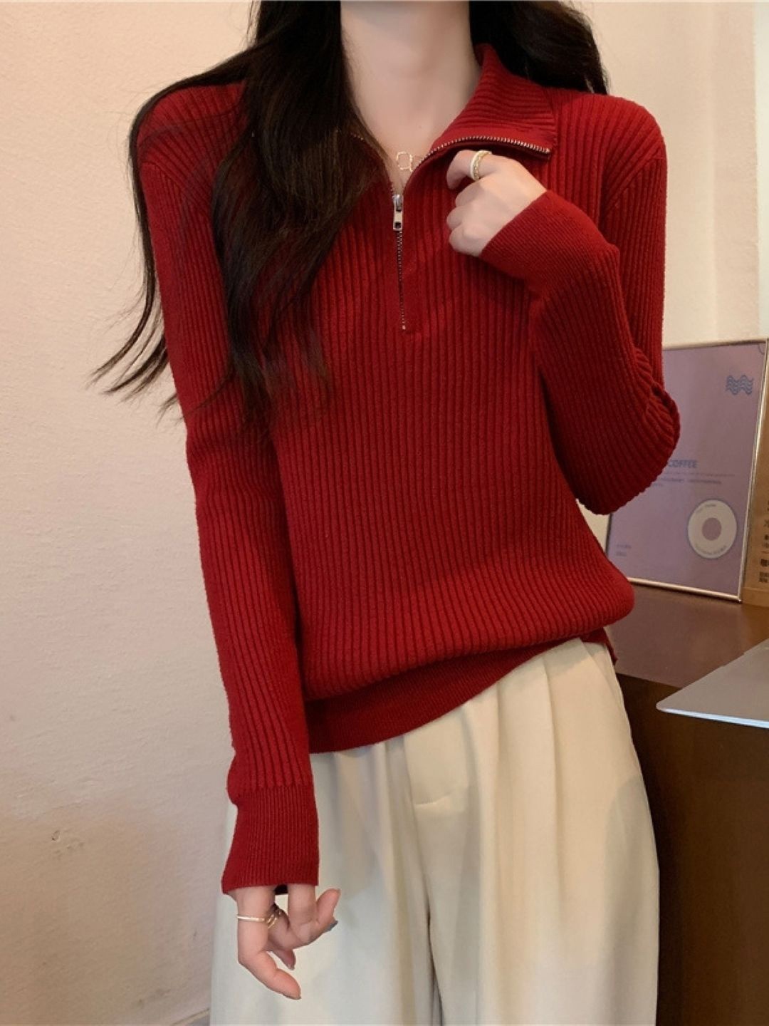 

HERE&NOW Cotton High Neck Extended Sleeves Top, Red