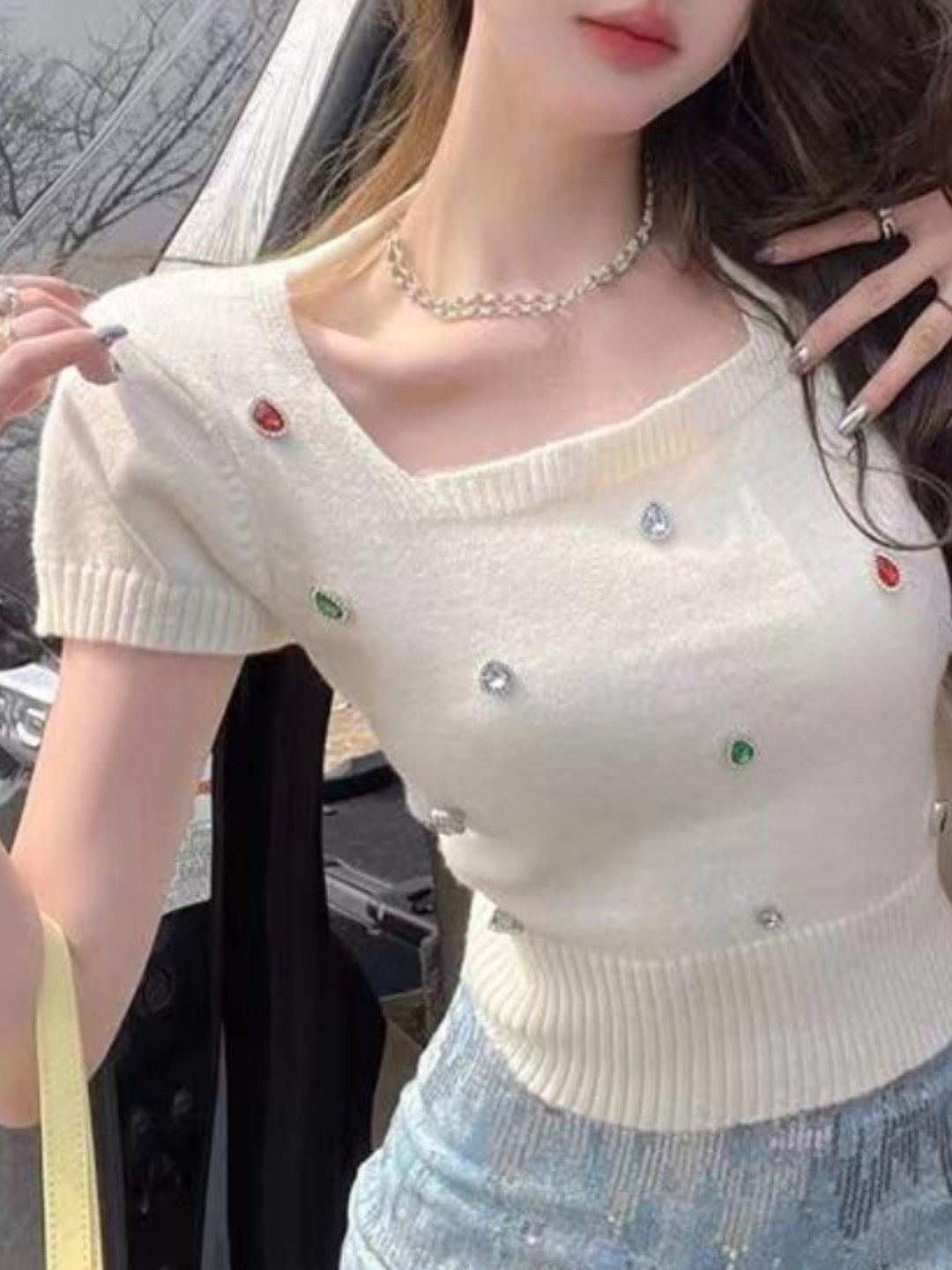

KPOP Women Square Neck Regular Top, White